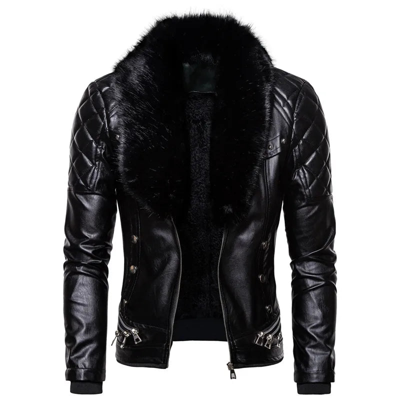 Motorcycle Leather Jacket Men Turn Down Fur Collar Slim Fit Warm PU Bomber Jackets Coats Mens Bikers
