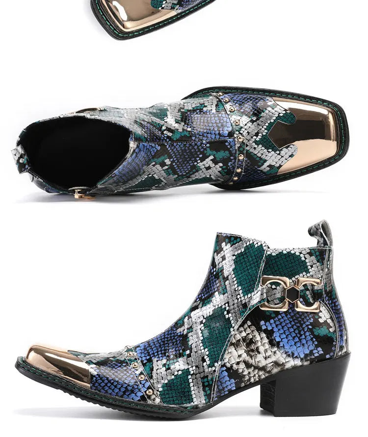 Spring Man Metal Fangtou Belt High-heeled Short boots Western Cowboy Boots Cowhide Serpentine Printing Stage show Party boots