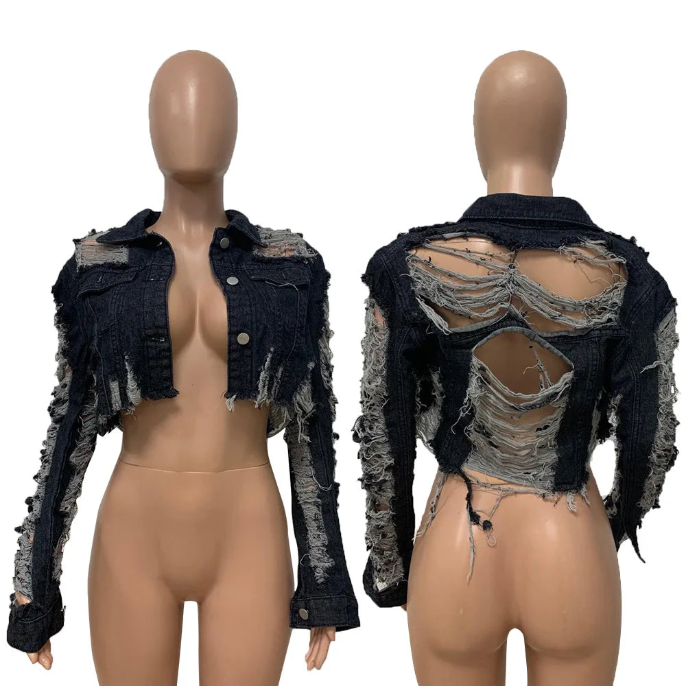 Ladies Fashion Casual Long Sleeve Cut Mini Denim Short Jacket Coat