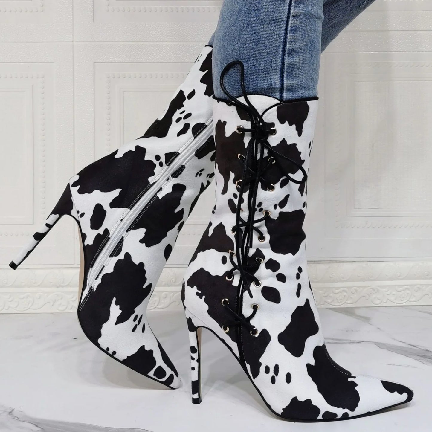 Milk Lines Women Fashion Short Boots High Thin Heel Mid-calf Boots  Sexy Pointed Toe Side Zipper Lace up  Pumps Women Boots