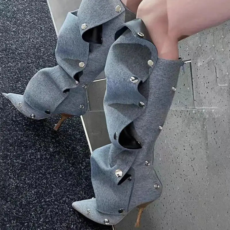 Western Botas Alto 7.5CM Thin Heel Studded Decorated Denim Wide Calf Mujer Boots for Women