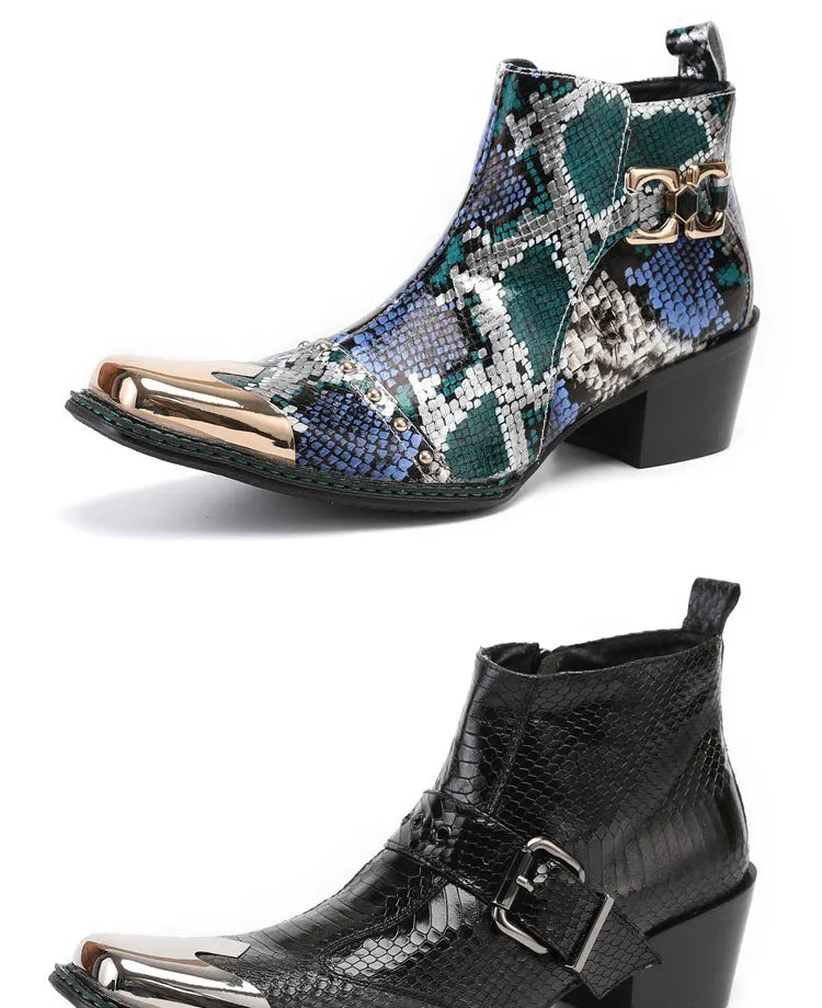 Spring Man Metal Fangtou Belt High-heeled Short boots Western Cowboy Boots Cowhide Serpentine Printing Stage show Party boots