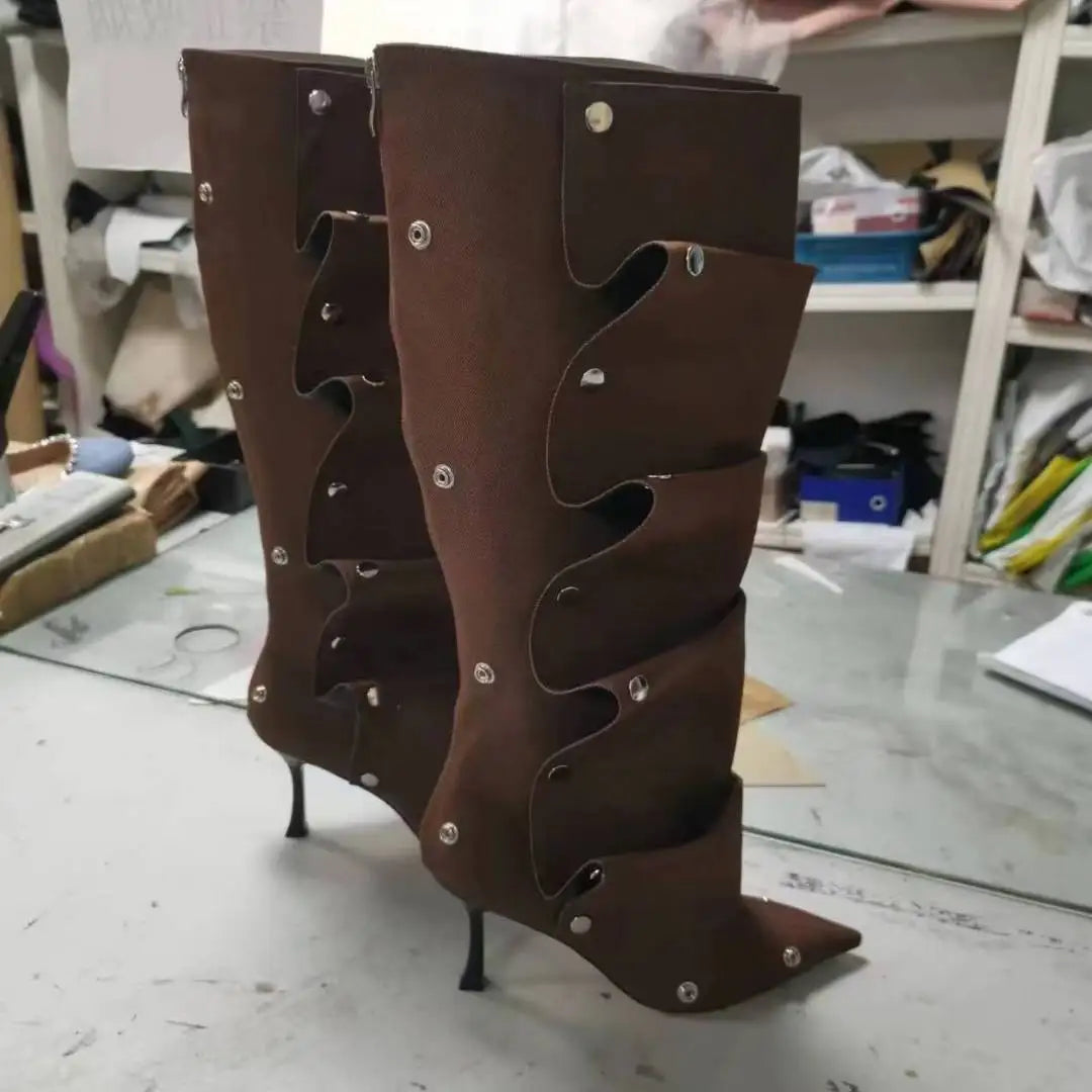 Western Botas Alto 7.5CM Thin Heel Studded Decorated Denim Wide Calf Mujer Boots for Women