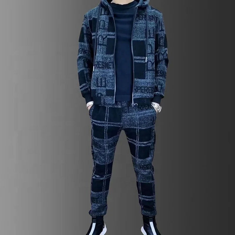 Mens Zipper Hoodie Tracksuit Set Luxury Printed Jacket+Sweatpants Male Lapel Jacket Suit 2Pcs Outdoor Athletic Sets