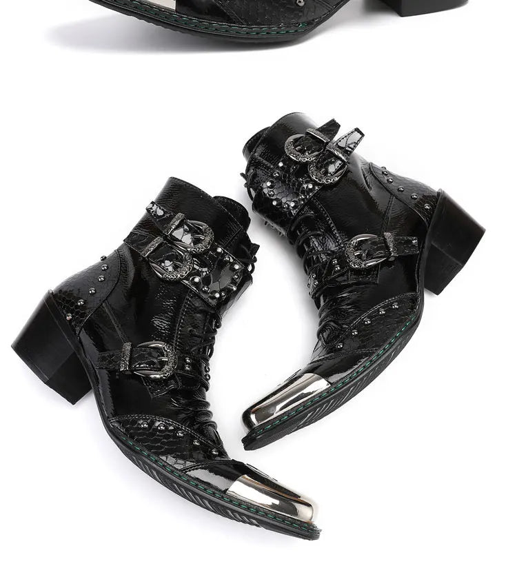 Spring Man Metal Fangtou Belt High-heeled Short boots Western Cowboy Boots Cowhide Serpentine Printing Stage show Party boots
