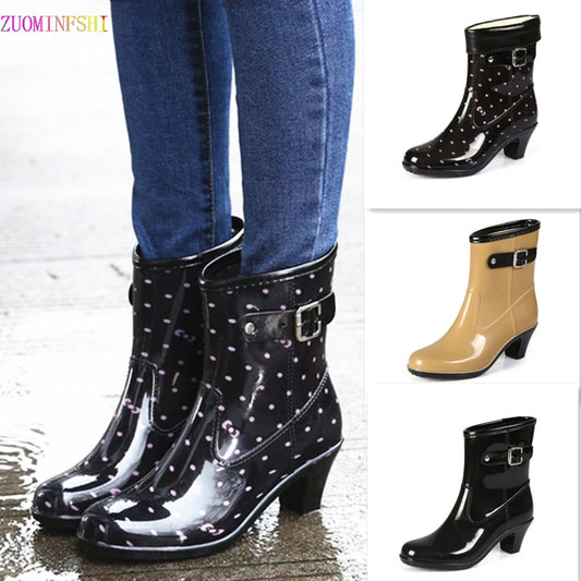 Rain Boots Women Waterproof High Rainboots Slip Glass with Water Boots