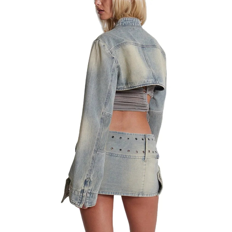 Sexy Hollow Out Denim Two Piece Set Long Sleeve Splicing Buckle Set for Women