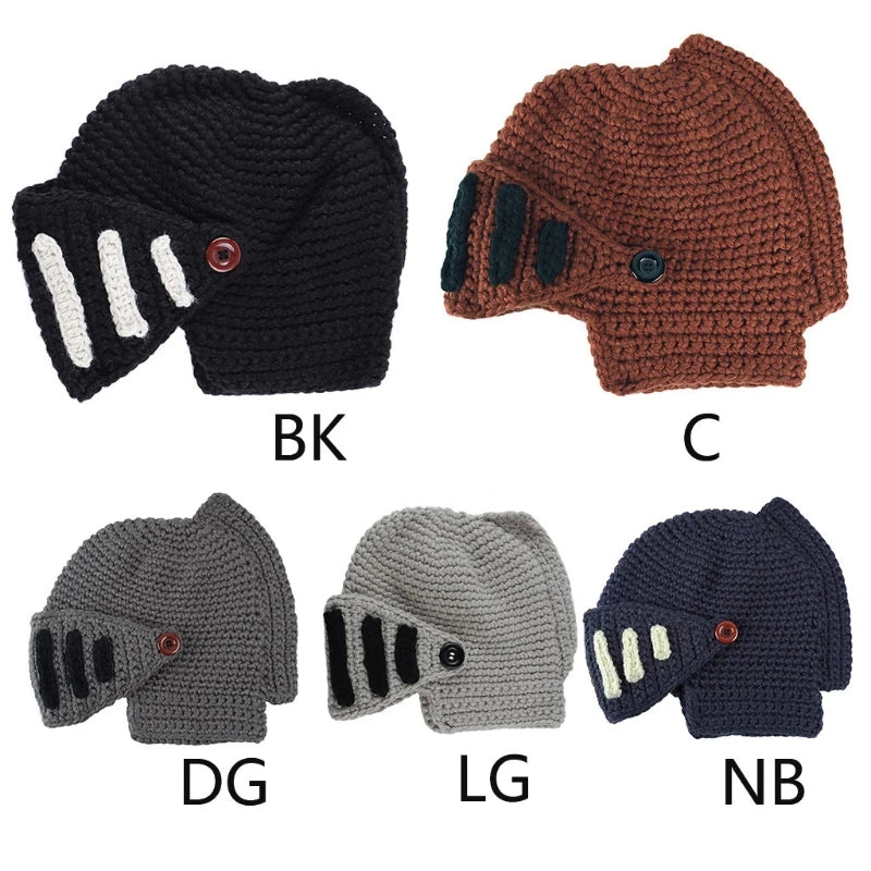 Unisex Autumn Crochet Knitted Roman Knight Helmet Beanie Hat Solid Color Barbarian Earflap Skullies with Removable