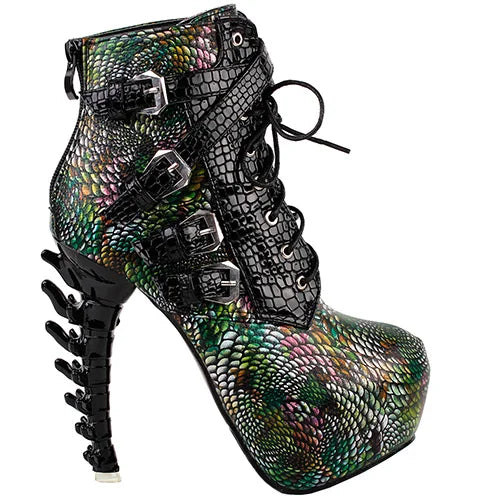 LF80648 Sexy Punk Design Brown Snake Pattern Bone High Heel Platform Ankle Boots Black