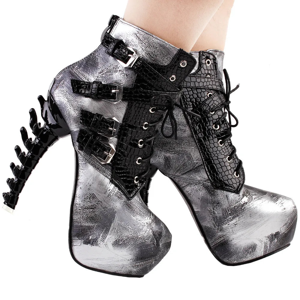 LF80648 Sexy Punk Design Brown Snake Pattern Bone High Heel Platform Ankle Boots Black
