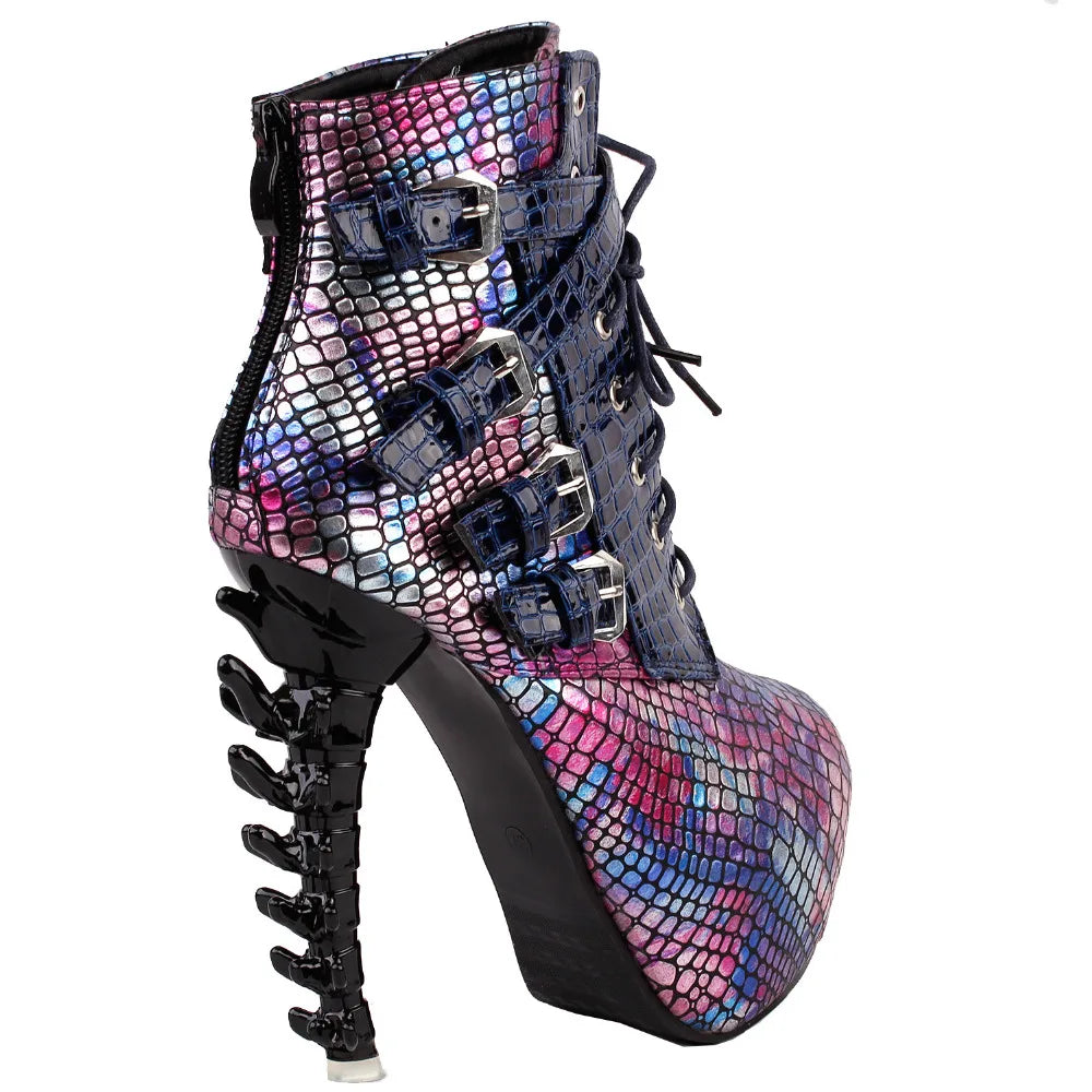 LF80648 Sexy Punk Design Brown Snake Pattern Bone High Heel Platform Ankle Boots Black