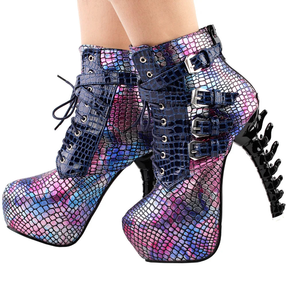 LF80648 Sexy Punk Design Brown Snake Pattern Bone High Heel Platform Ankle Boots Black