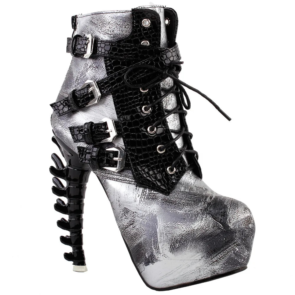 LF80648 Sexy Punk Design Brown Snake Pattern Bone High Heel Platform Ankle Boots Black