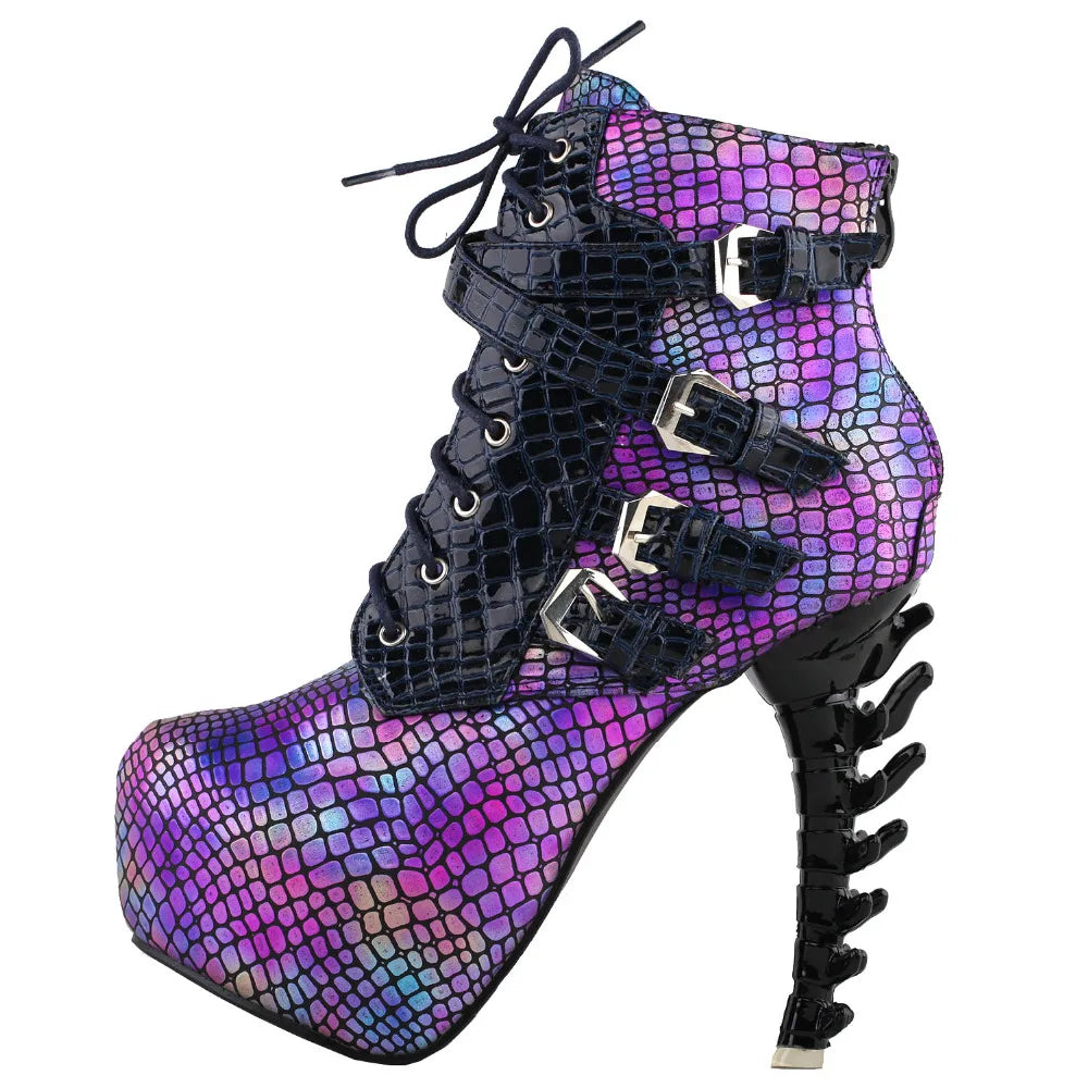 LF80648 Sexy Punk Design Brown Snake Pattern Bone High Heel Platform Ankle Boots Black