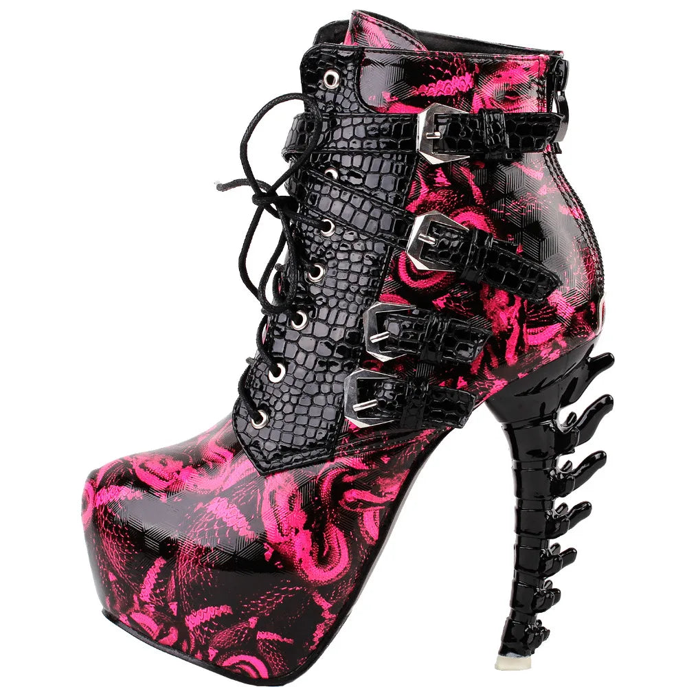 LF80648 Sexy Punk Design Brown Snake Pattern Bone High Heel Platform Ankle Boots Black