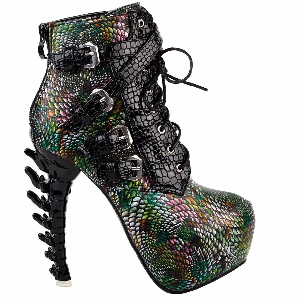 LF80648 Sexy Punk Design Brown Snake Pattern Bone High Heel Platform Ankle Boots Black