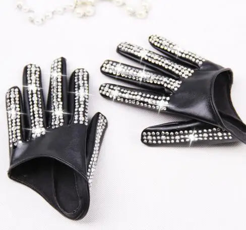 Women's fashion half palm Gloves lady's red white black PU leather gloves men's hip-hop rhinestone diy dancing gloves