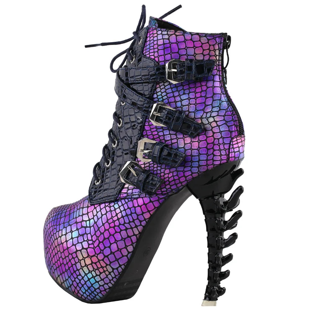 LF80648 Sexy Punk Design Brown Snake Pattern Bone High Heel Platform Ankle Boots Black