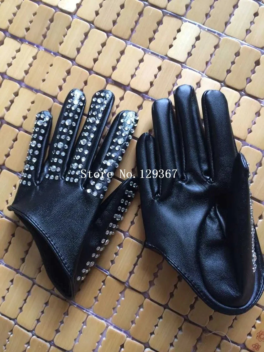 Women's fashion half palm Gloves lady's red white black PU leather gloves men's hip-hop rhinestone diy dancing gloves