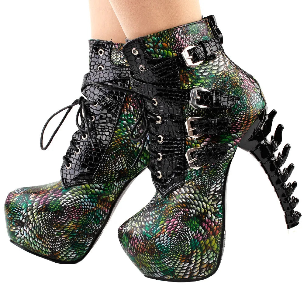 LF80648 Sexy Punk Design Brown Snake Pattern Bone High Heel Platform Ankle Boots Black