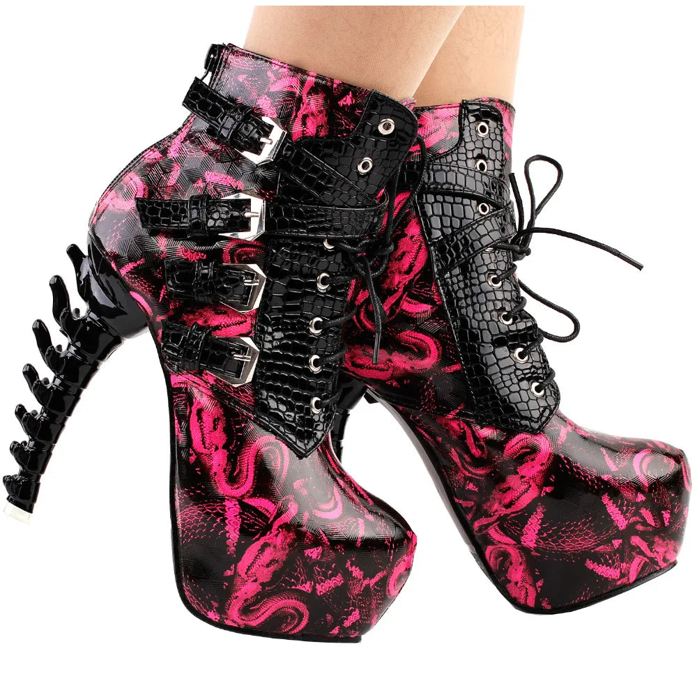 LF80648 Sexy Punk Design Brown Snake Pattern Bone High Heel Platform Ankle Boots Black