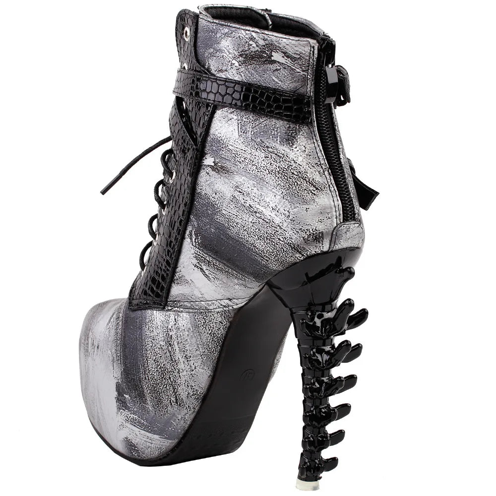 LF80648 Sexy Punk Design Brown Snake Pattern Bone High Heel Platform Ankle Boots Black