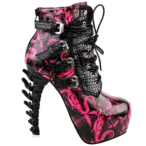 LF80648 Sexy Punk Design Brown Snake Pattern Bone High Heel Platform Ankle Boots Black