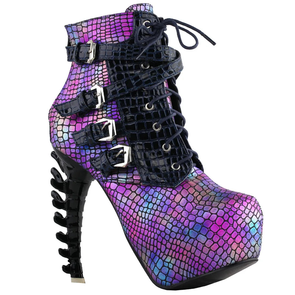 LF80648 Sexy Punk Design Brown Snake Pattern Bone High Heel Platform Ankle Boots Black