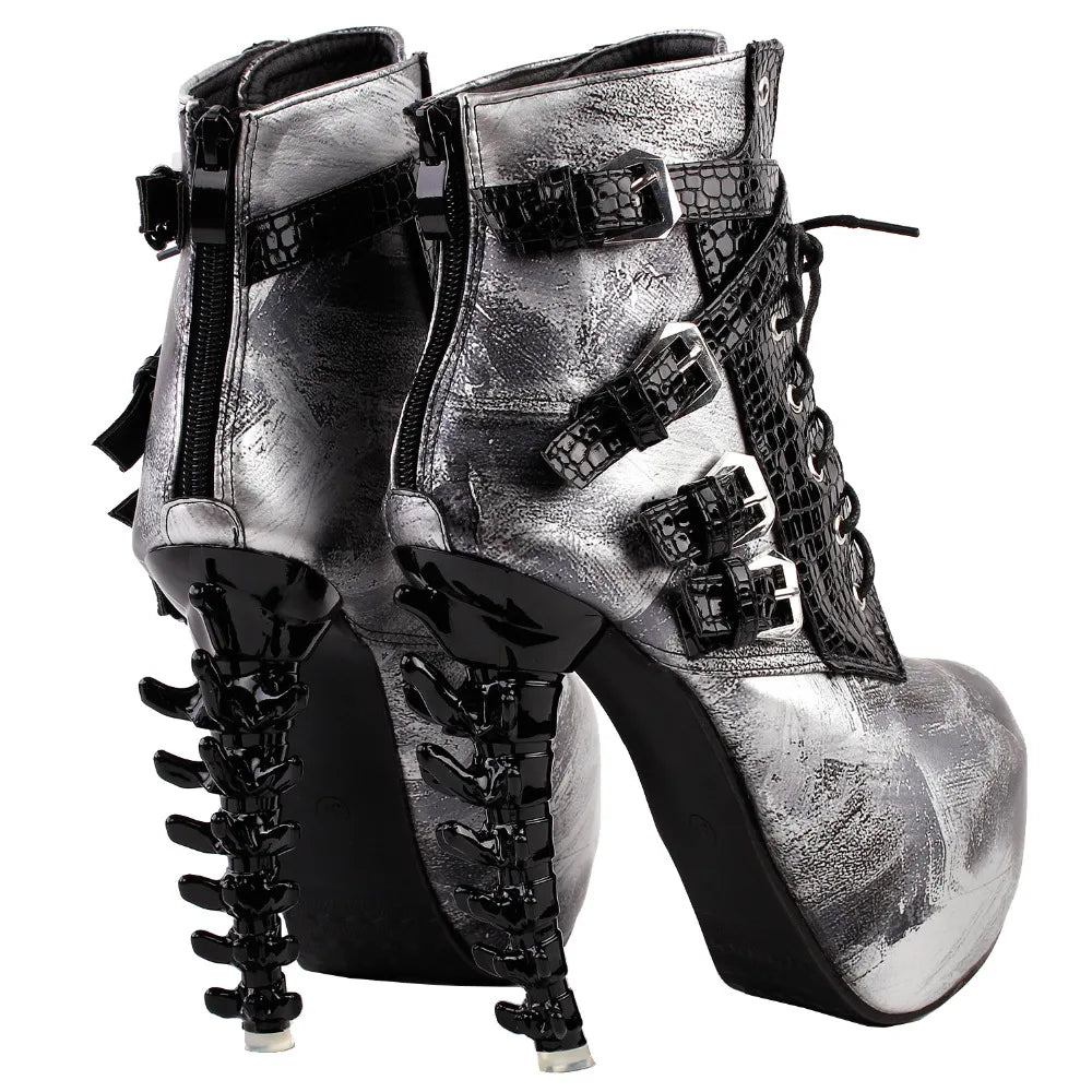 LF80648 Sexy Punk Design Brown Snake Pattern Bone High Heel Platform Ankle Boots Black
