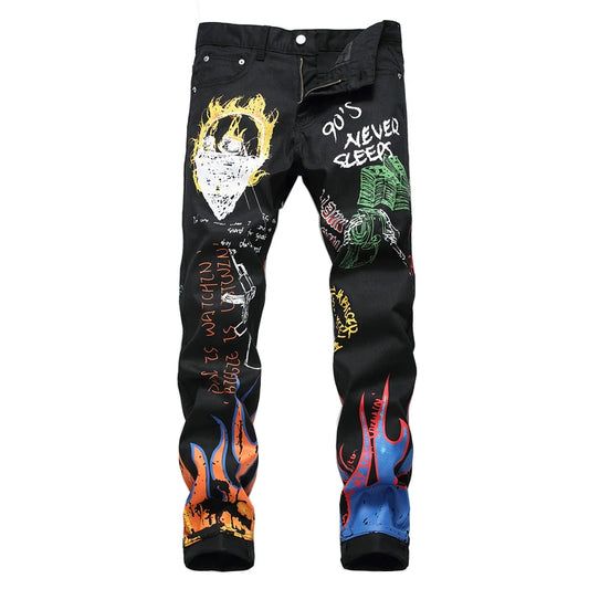 Sokotoo Men's fashion letters flame black printed jeans Slim straight colored painted stretch pants