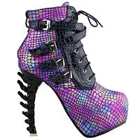 LF80648 Sexy Punk Design Brown Snake Pattern Bone High Heel Platform Ankle Boots Black
