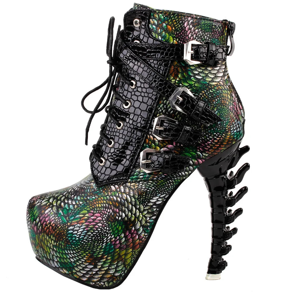 LF80648 Sexy Punk Design Brown Snake Pattern Bone High Heel Platform Ankle Boots Black