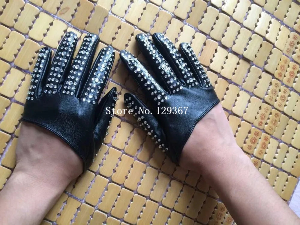 Women's fashion half palm Gloves lady's red white black PU leather gloves men's hip-hop rhinestone diy dancing gloves