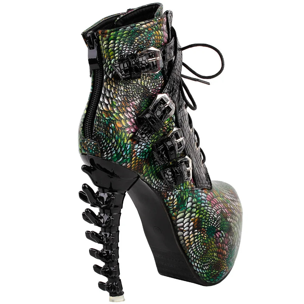 LF80648 Sexy Punk Design Brown Snake Pattern Bone High Heel Platform Ankle Boots Black