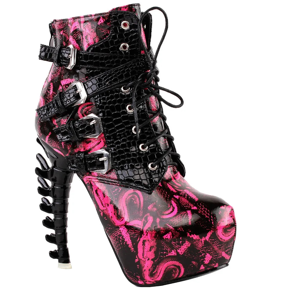 LF80648 Sexy Punk Design Brown Snake Pattern Bone High Heel Platform Ankle Boots Black