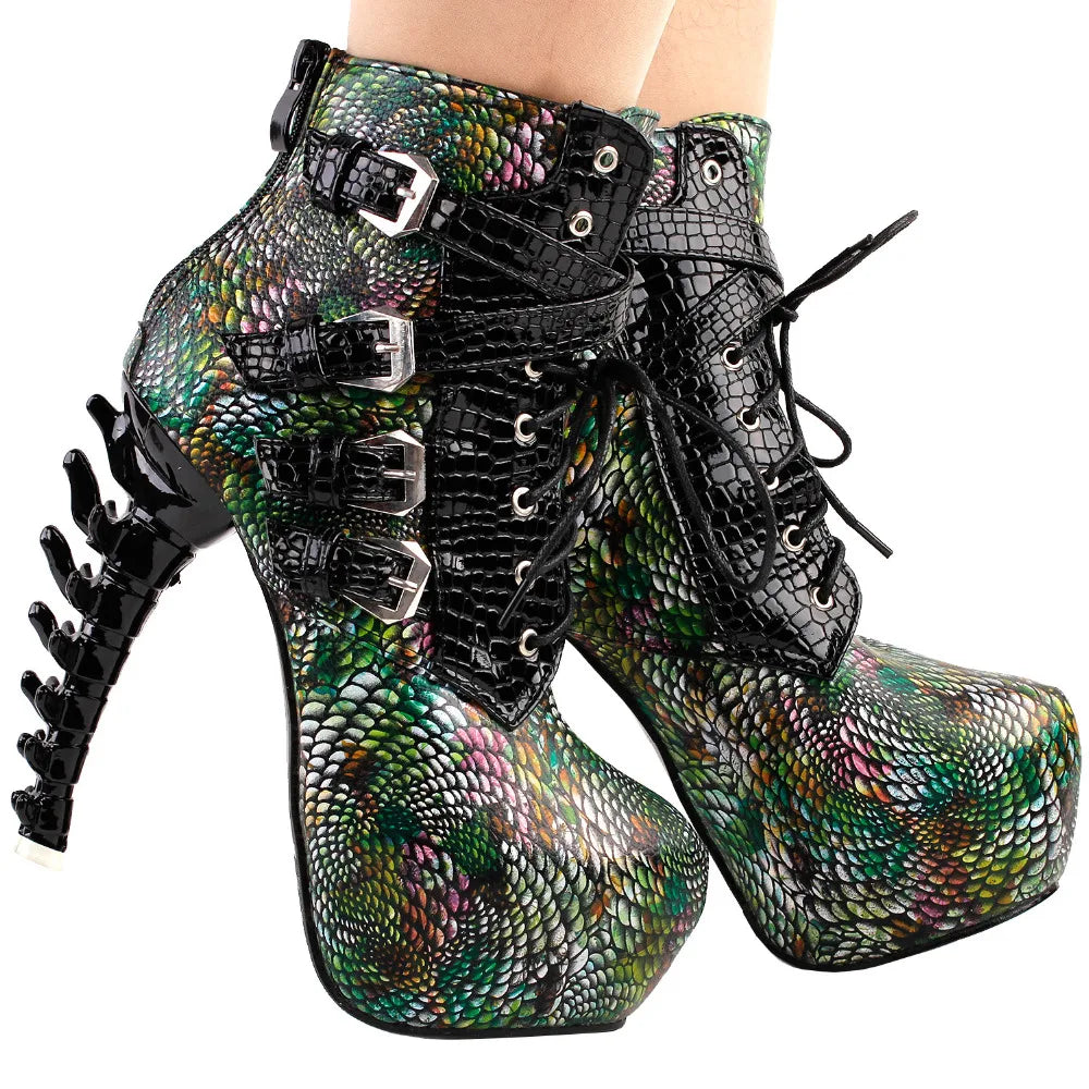 LF80648 Sexy Punk Design Brown Snake Pattern Bone High Heel Platform Ankle Boots Black