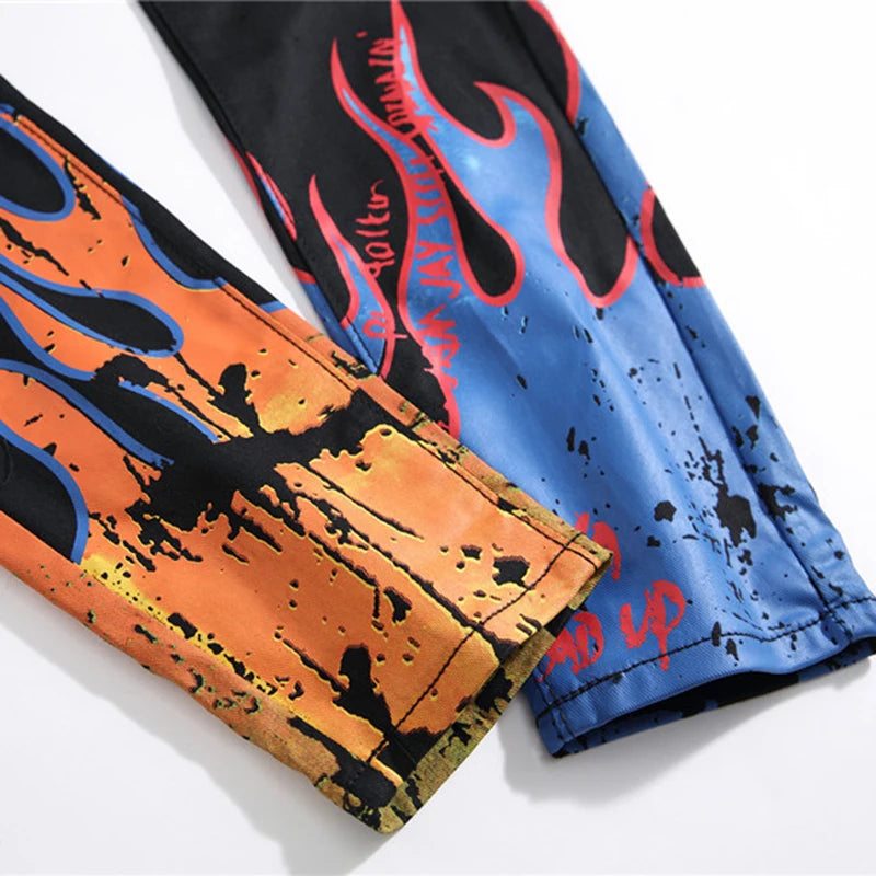 Sokotoo Men's fashion letters flame black printed jeans Slim straight colored painted stretch pants