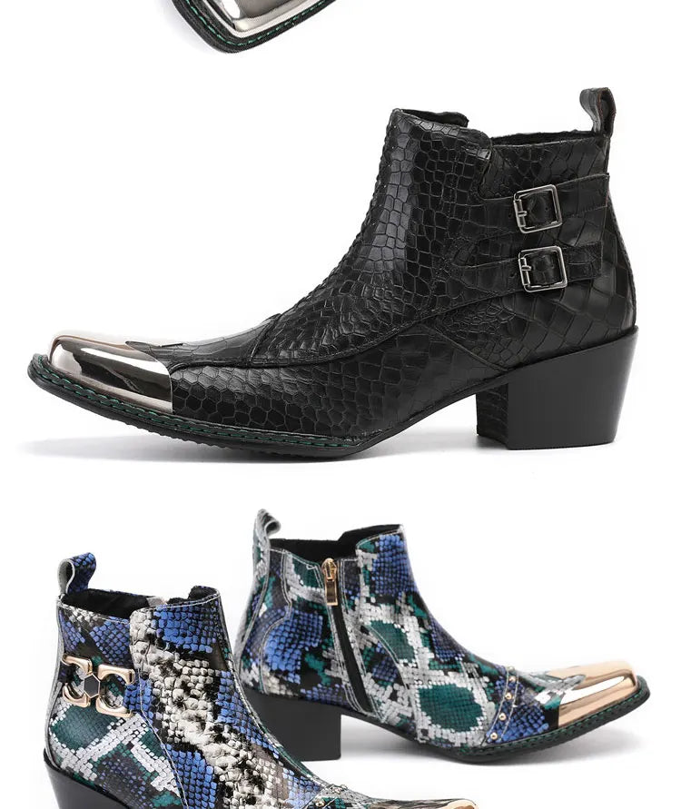 Spring Man Metal Fangtou Belt High-heeled Short boots Western Cowboy Boots Cowhide Serpentine Printing Stage show Party boots
