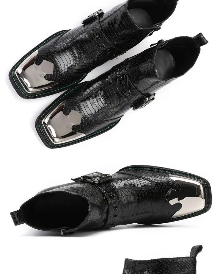 Spring Man Metal Fangtou Belt High-heeled Short boots Western Cowboy Boots Cowhide Serpentine Printing Stage show Party boots