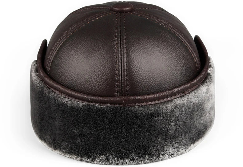 High Quality Genuine Leather Hats Winter First Layer Cowhide Warm Earmuffs Bomber Caps Plus Velvet Thicken Man Bone Caps Dad Hat