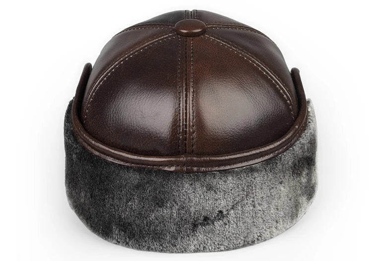 High Quality Genuine Leather Hats Winter First Layer Cowhide Warm Earmuffs Bomber Caps Plus Velvet Thicken Man Bone Caps Dad Hat