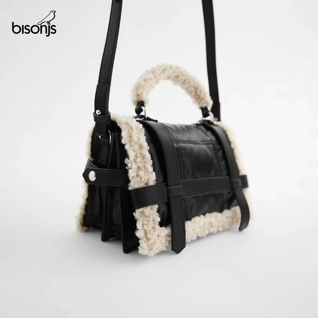 Jumbo Capacity Totes Handbag Black Pu Leather Shoulder Messenger Sheep Fur Bag