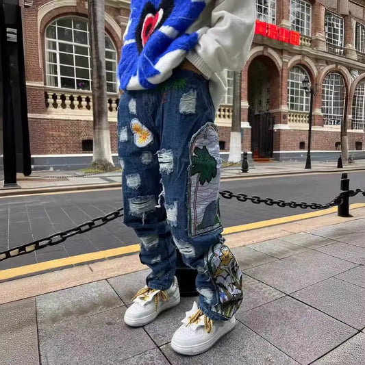 2024 Trend Ripped Tile High Street Retro Design Sense Heavy Quality Hip Hop Baggy Jeans for Men