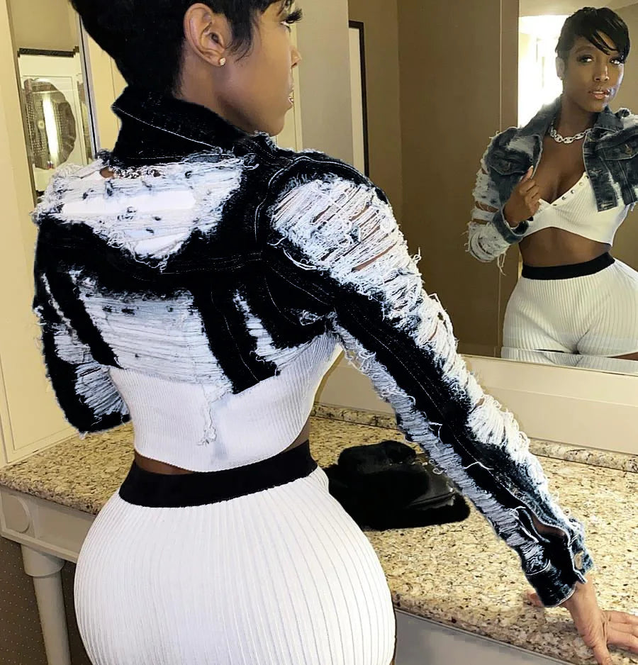 Ladies Fashion Casual Long Sleeve Cut Mini Denim Short Jacket Coat