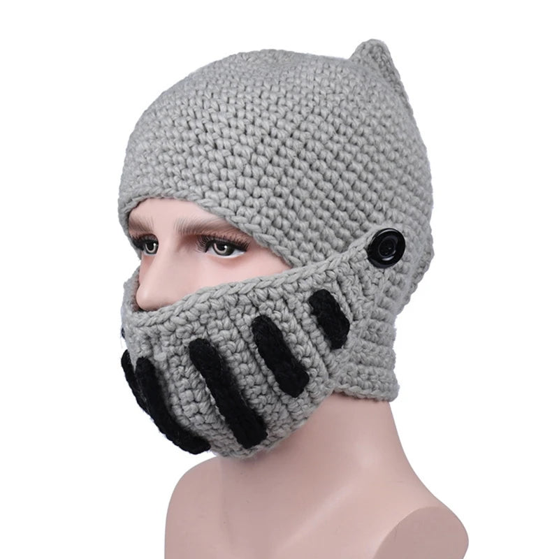 Unisex Autumn Crochet Knitted Roman Knight Helmet Beanie Hat Solid Color Barbarian Earflap Skullies with Removable