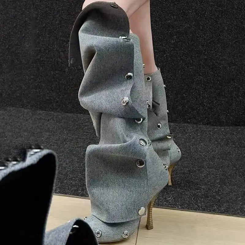 Western Botas Alto 7.5CM Thin Heel Studded Decorated Denim Wide Calf Mujer Boots for Women