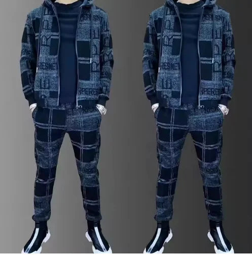 Mens Zipper Hoodie Tracksuit Set Luxury Printed Jacket+Sweatpants Male Lapel Jacket Suit 2Pcs Outdoor Athletic Sets