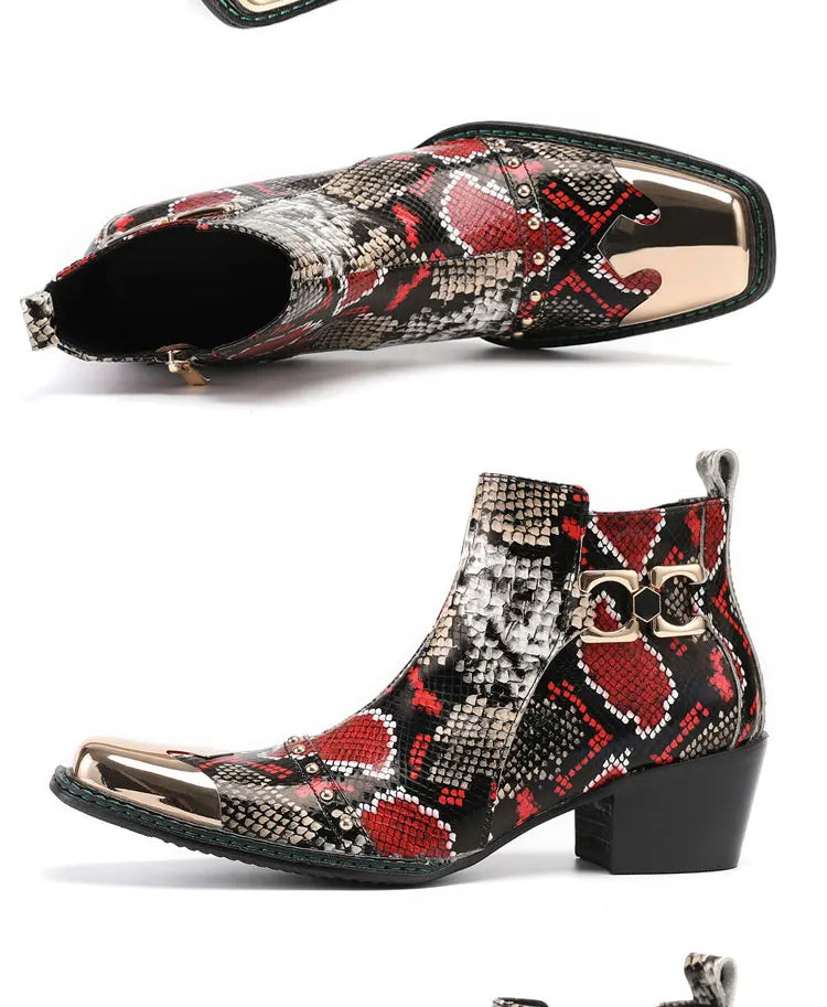Spring Man Metal Fangtou Belt High-heeled Short boots Western Cowboy Boots Cowhide Serpentine Printing Stage show Party boots