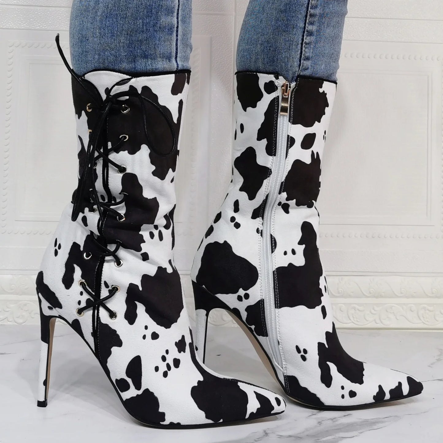 Milk Lines Women Fashion Short Boots High Thin Heel Mid-calf Boots  Sexy Pointed Toe Side Zipper Lace up  Pumps Women Boots