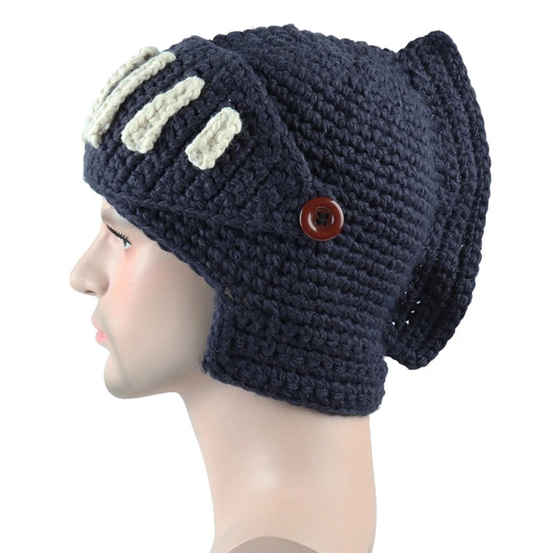 Unisex Autumn Crochet Knitted Roman Knight Helmet Beanie Hat Solid Color Barbarian Earflap Skullies with Removable